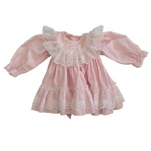 Vintage MiniWorld Pink Lace Baby Dress Size 6 Months Long Sleeve Ruffles